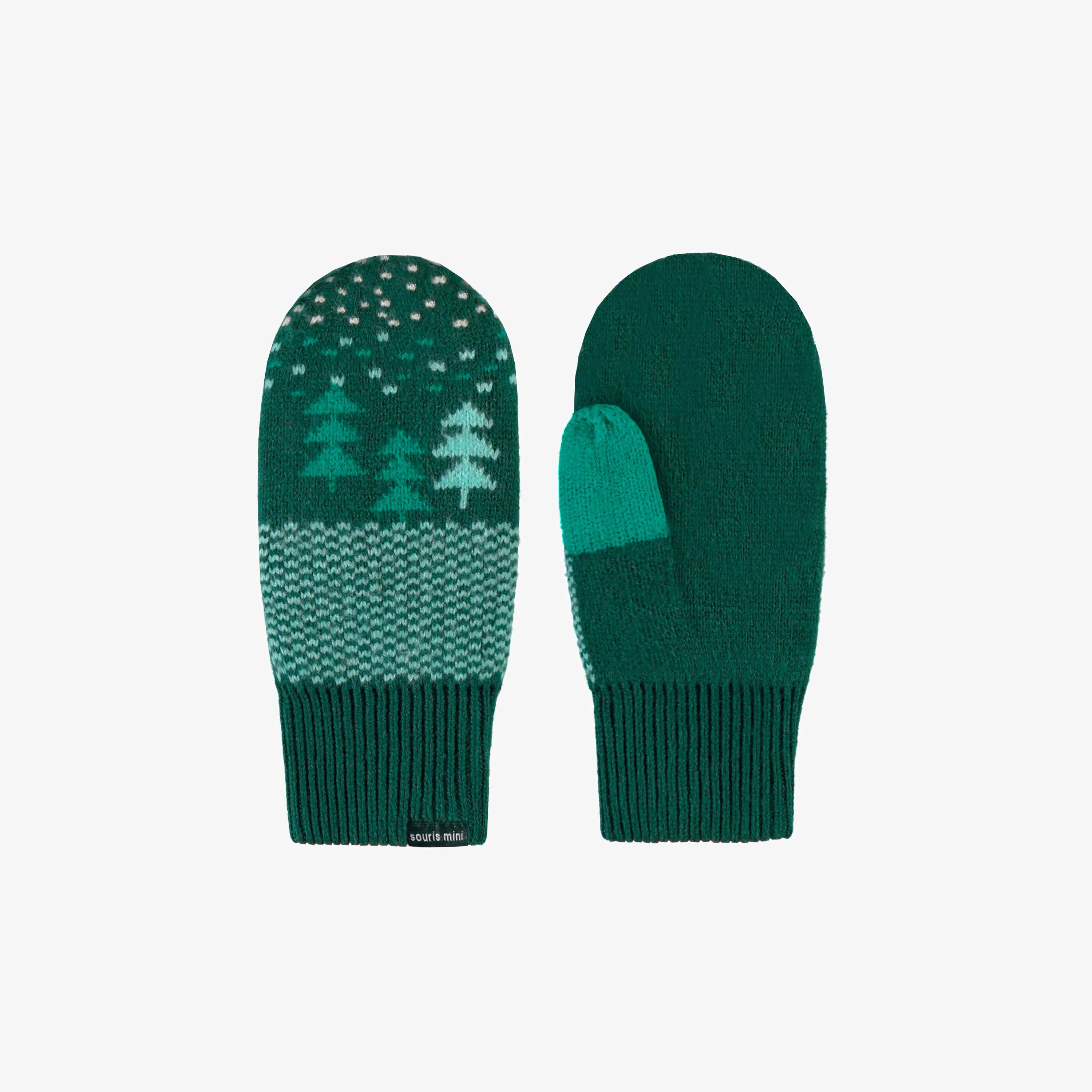Mitaines turquoise à motifs en tricot, enfant || Turquoise knitted mittens with print, child