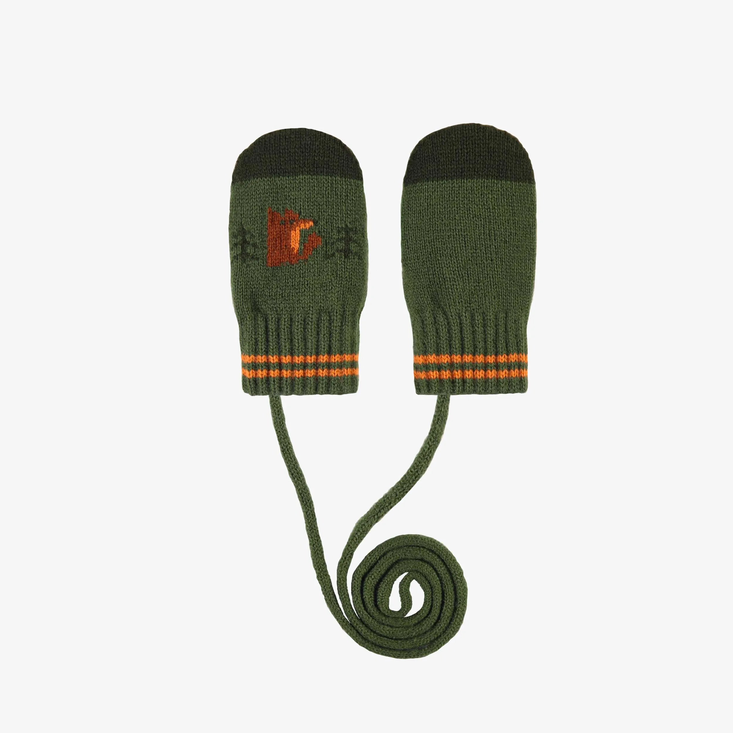 Mitaines verte et orange à motifs avec cordon en tricot, bébé || Green and orange knitted mittens with print and cord, baby