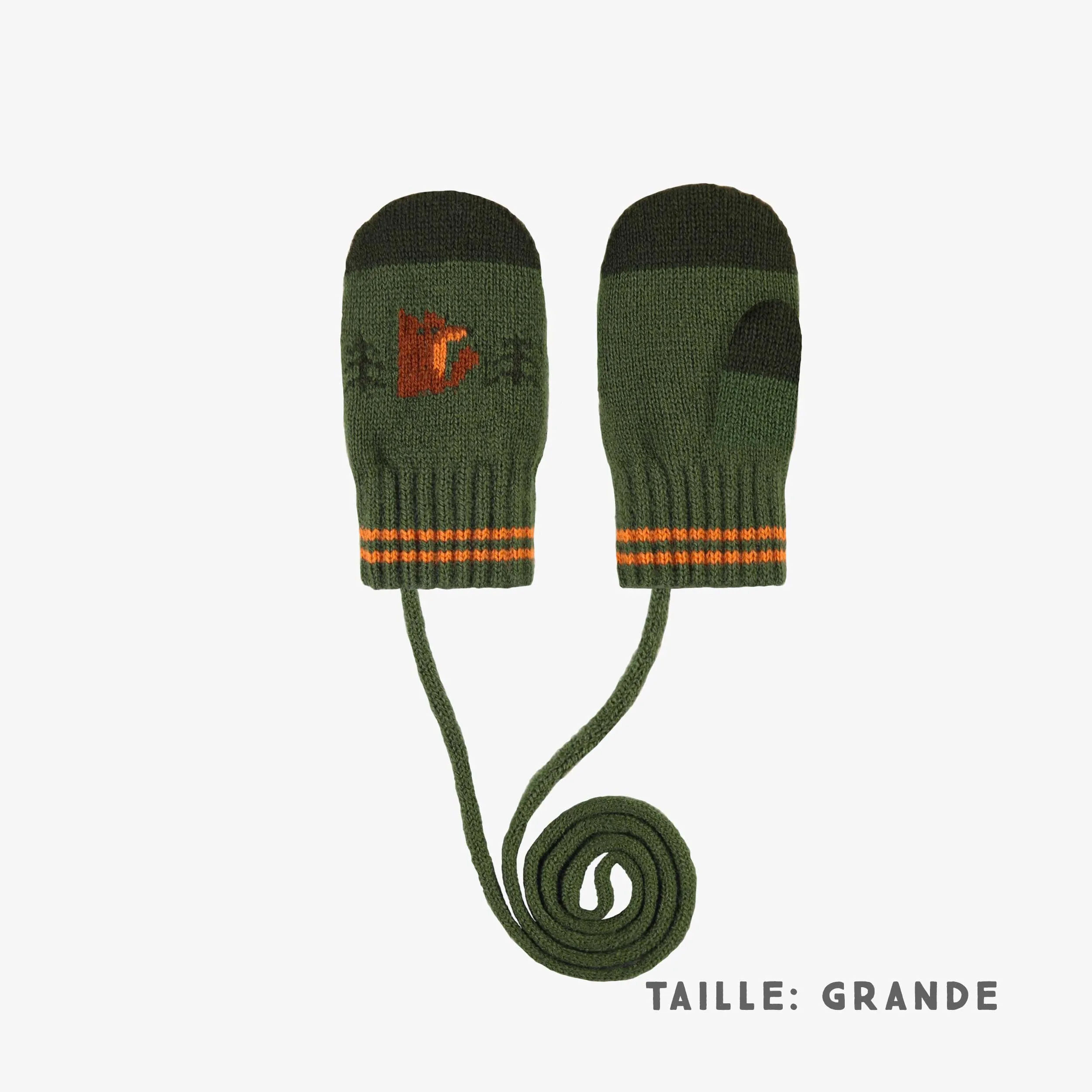 Mitaines verte et orange à motifs avec cordon en tricot, bébé || Green and orange knitted mittens with print and cord, baby