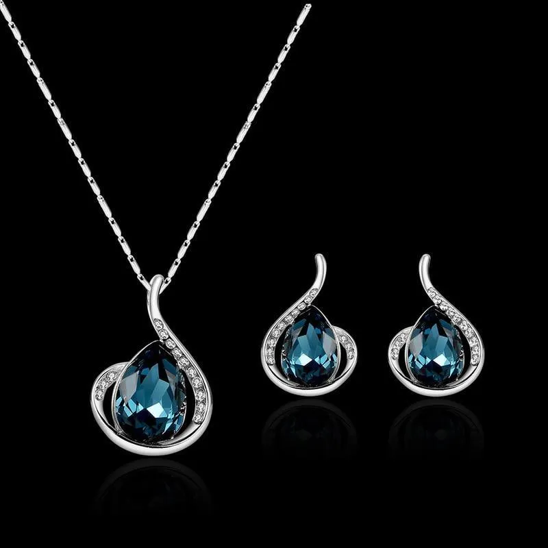 Modern Jewelry Sets For Women Elegant Water-Drop Rhinestone Elegant Pendant Luxury Necklace Hook Earrings Jewelry Set