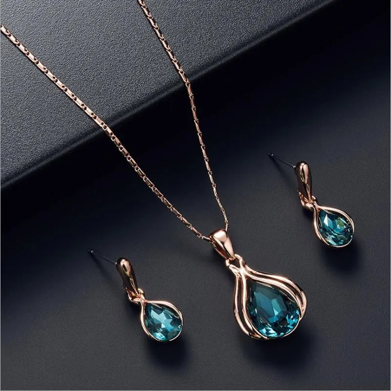 Modern Jewelry Sets For Women Elegant Water-Drop Rhinestone Elegant Pendant Luxury Necklace Hook Earrings Jewelry Set