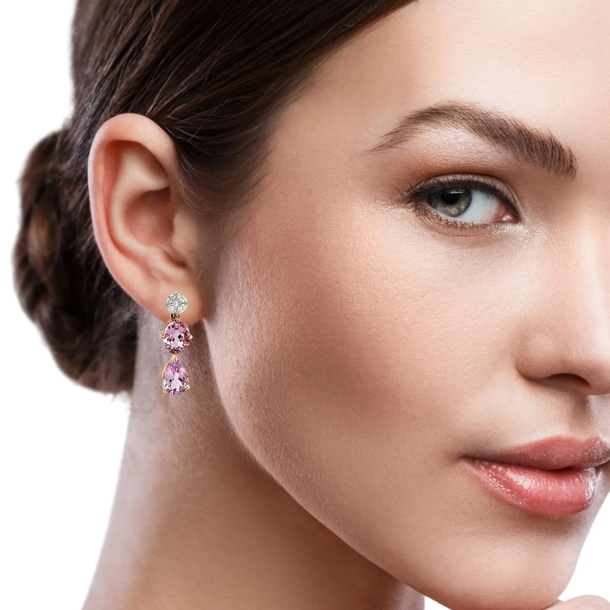 Morganite Drop Post Earrings with Diamond Tops in 18k Rose and White Gold
