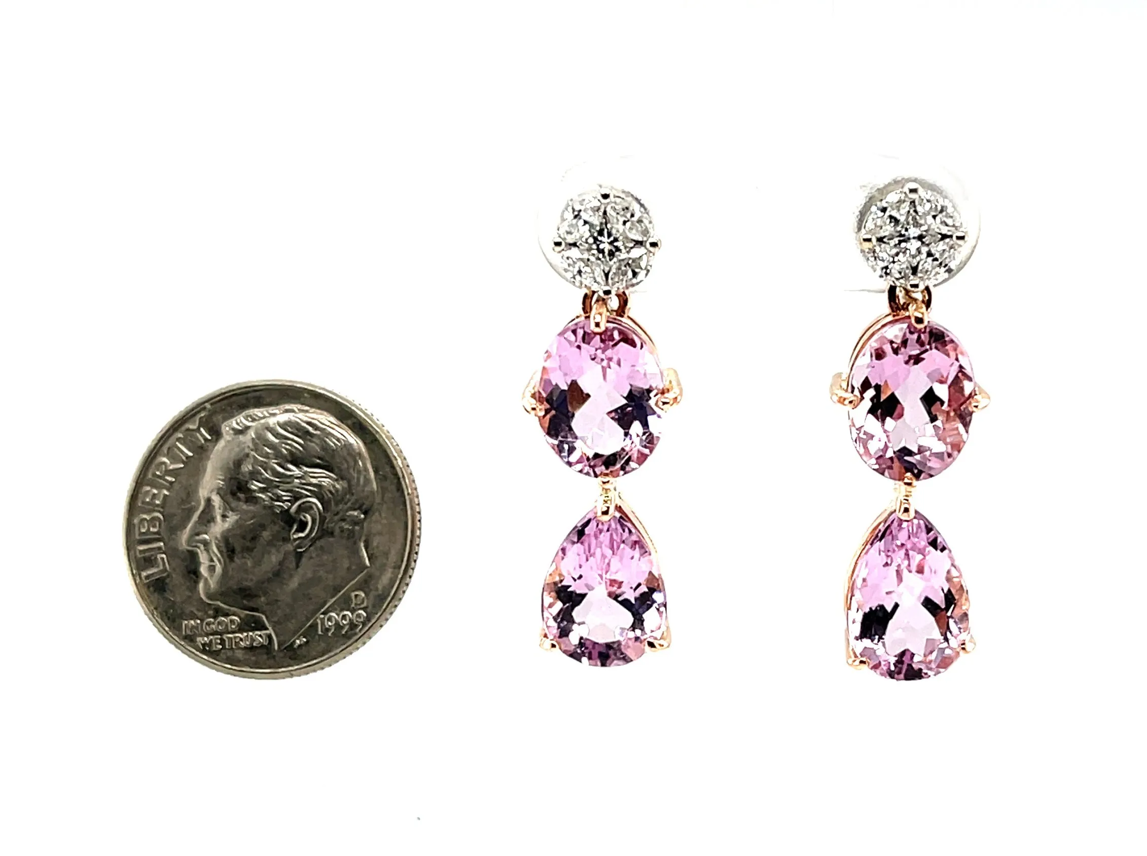 Morganite Drop Post Earrings with Diamond Tops in 18k Rose and White Gold