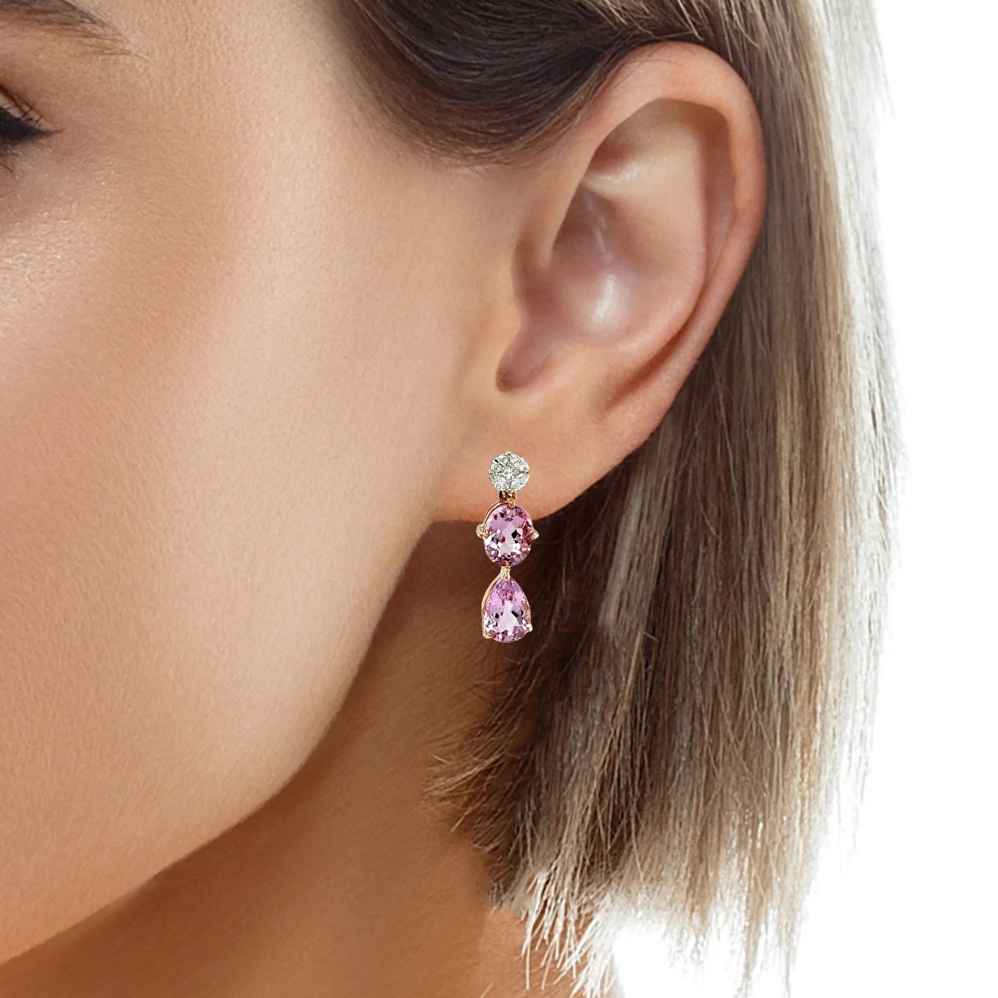 Morganite Drop Post Earrings with Diamond Tops in 18k Rose and White Gold