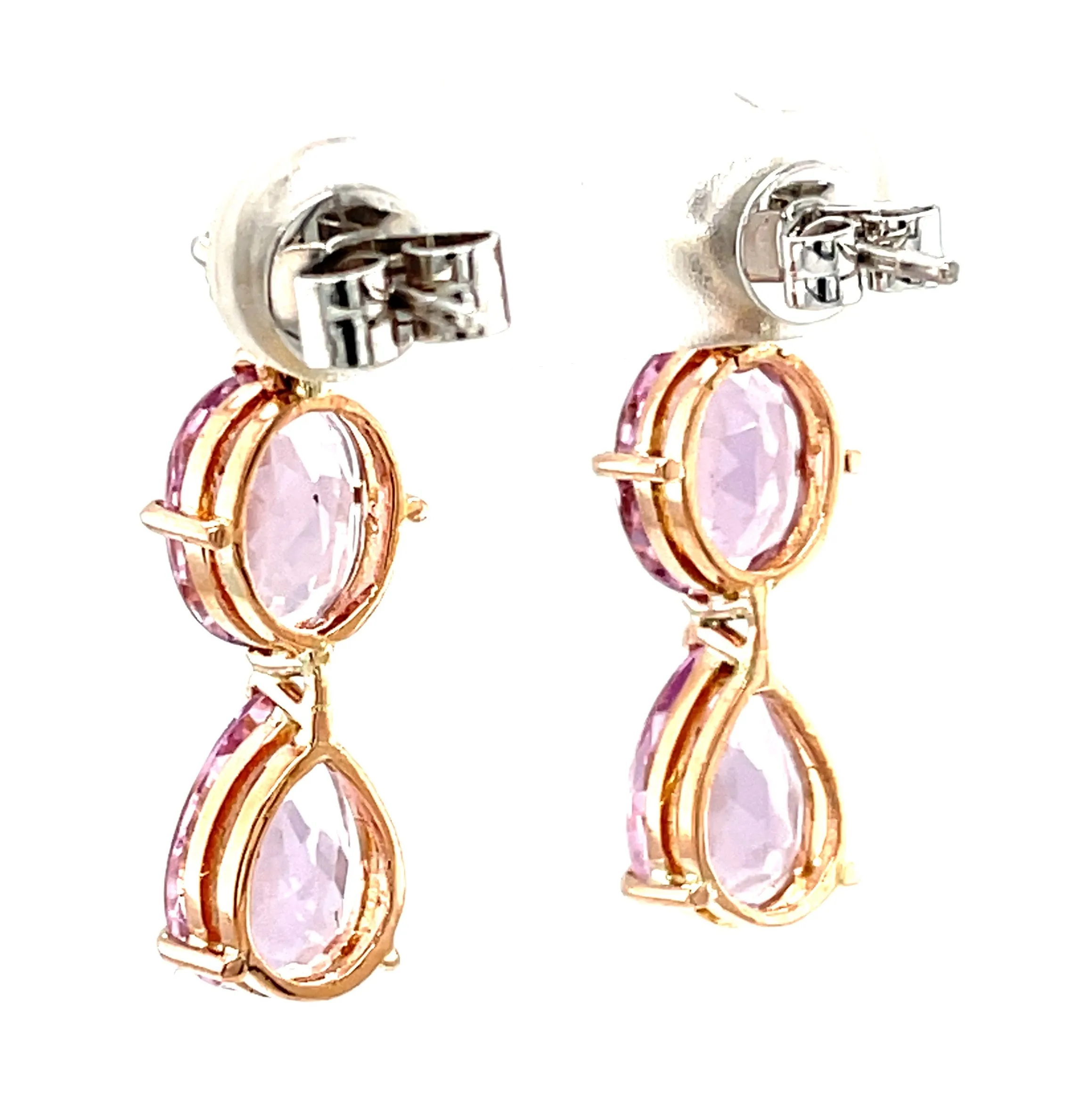Morganite Drop Post Earrings with Diamond Tops in 18k Rose and White Gold