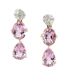 Morganite Drop Post Earrings with Diamond Tops in 18k Rose and White Gold