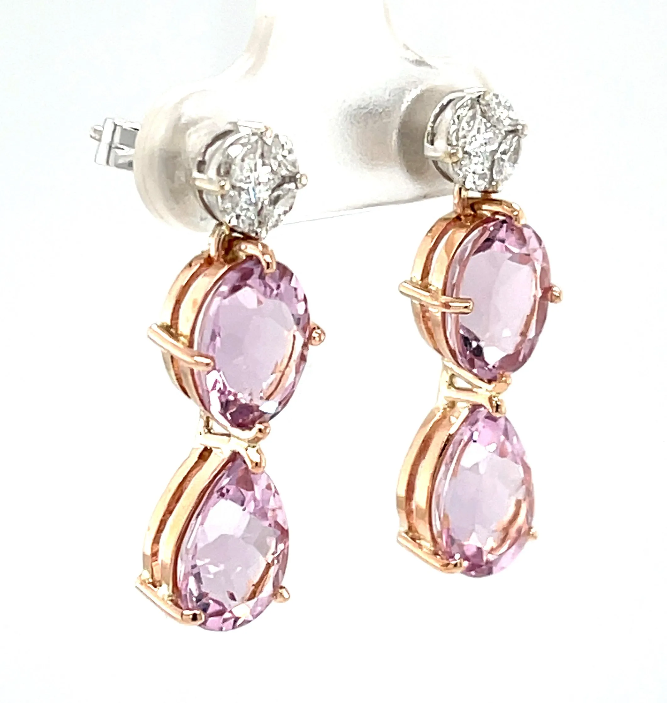 Morganite Drop Post Earrings with Diamond Tops in 18k Rose and White Gold