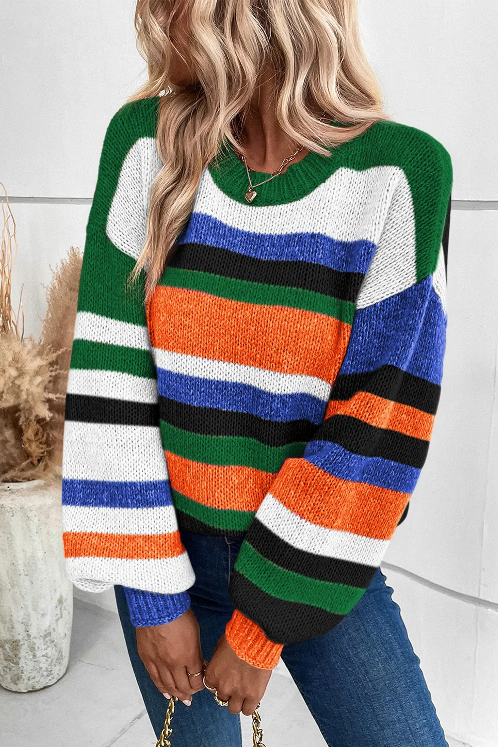 Multicolour Striped Knit Drop Shoulder Puff Sleeve Sweater