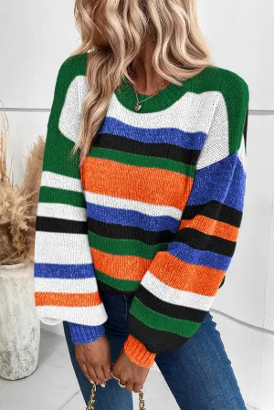 Multicolour Striped Knit Drop Shoulder Puff Sleeve Sweater