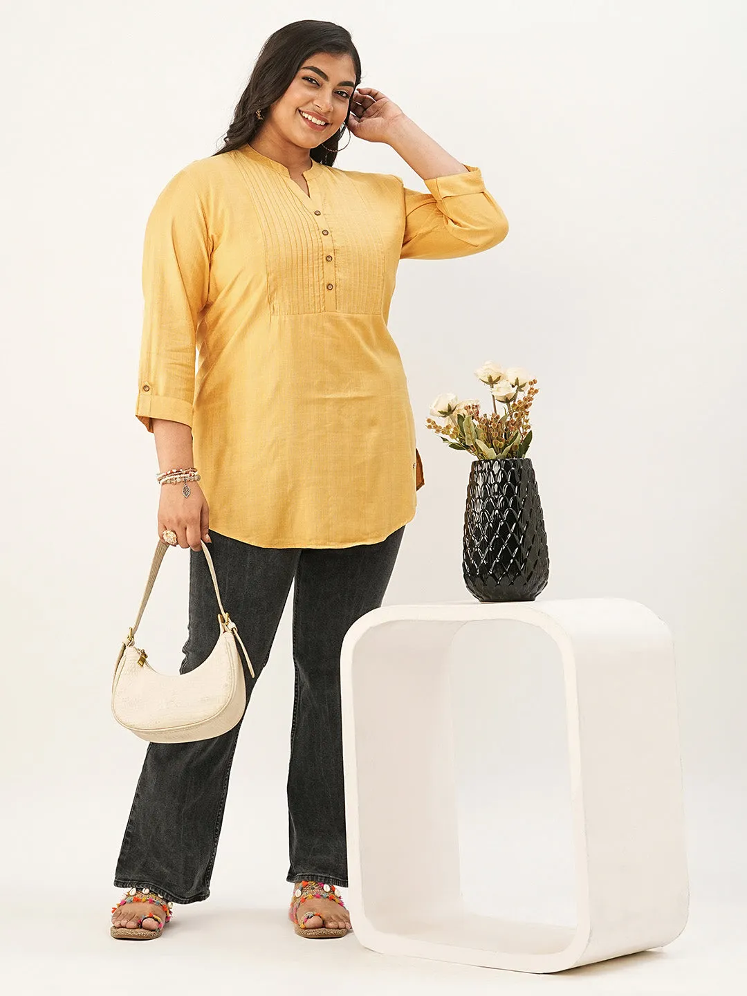 Mustard Comfort Fit Rayon Tunics for Women Online India Hip Length Straight - Zola
