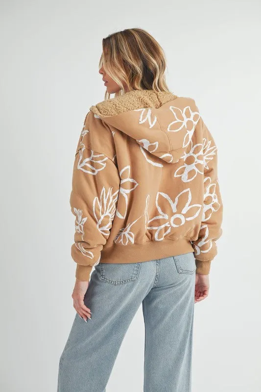Mustard Flower Print Zip Up Sherpa Hoodie