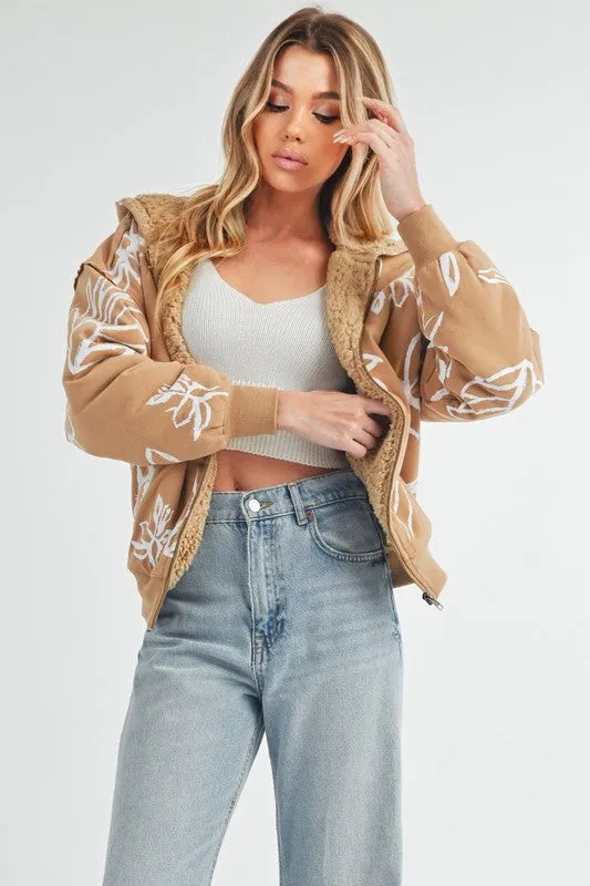 Mustard Flower Print Zip Up Sherpa Hoodie