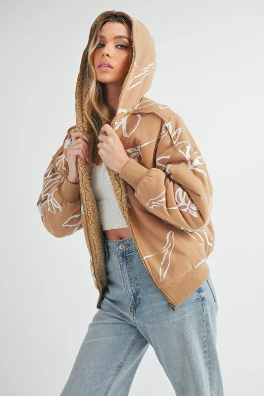 Mustard Flower Print Zip Up Sherpa Hoodie