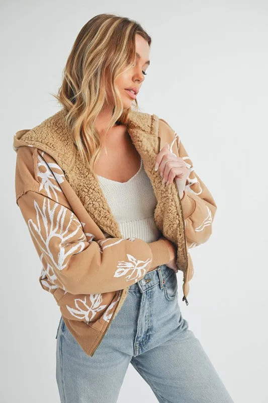 Mustard Flower Print Zip Up Sherpa Hoodie