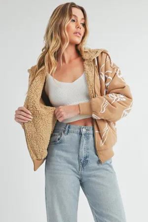 Mustard Flower Print Zip Up Sherpa Hoodie