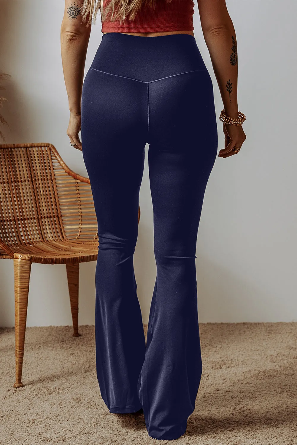 Navy Blue V Shape High Waist Flared Leggings