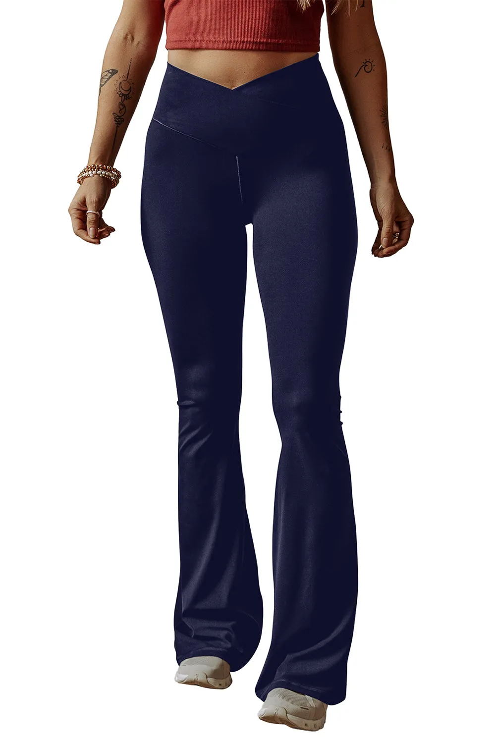 Navy Blue V Shape High Waist Flared Leggings