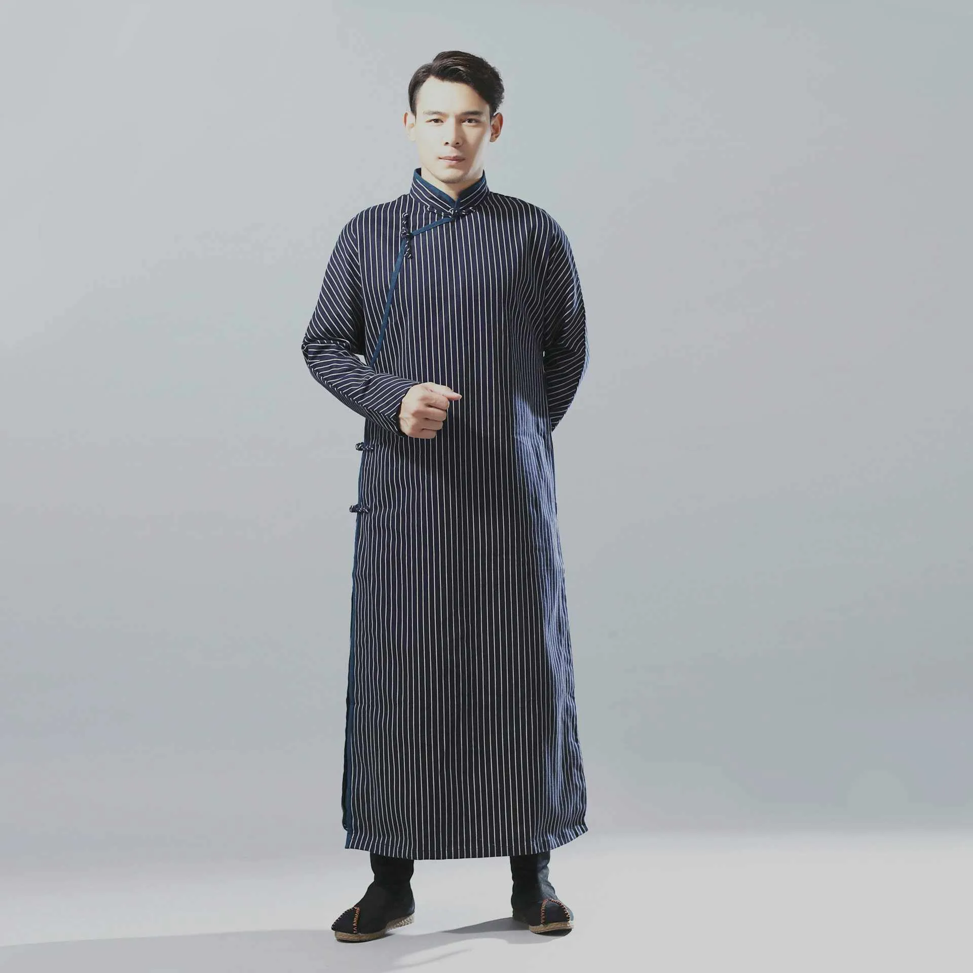 Neo Classic Pinstripe Cheongsam Navy Robe