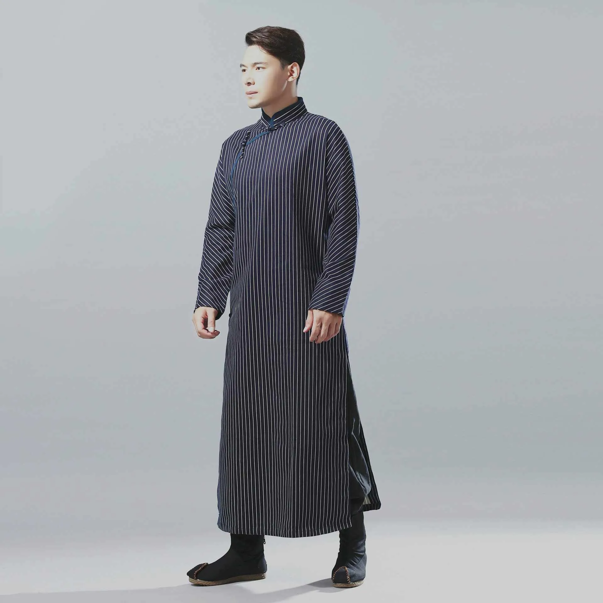 Neo Classic Pinstripe Cheongsam Navy Robe