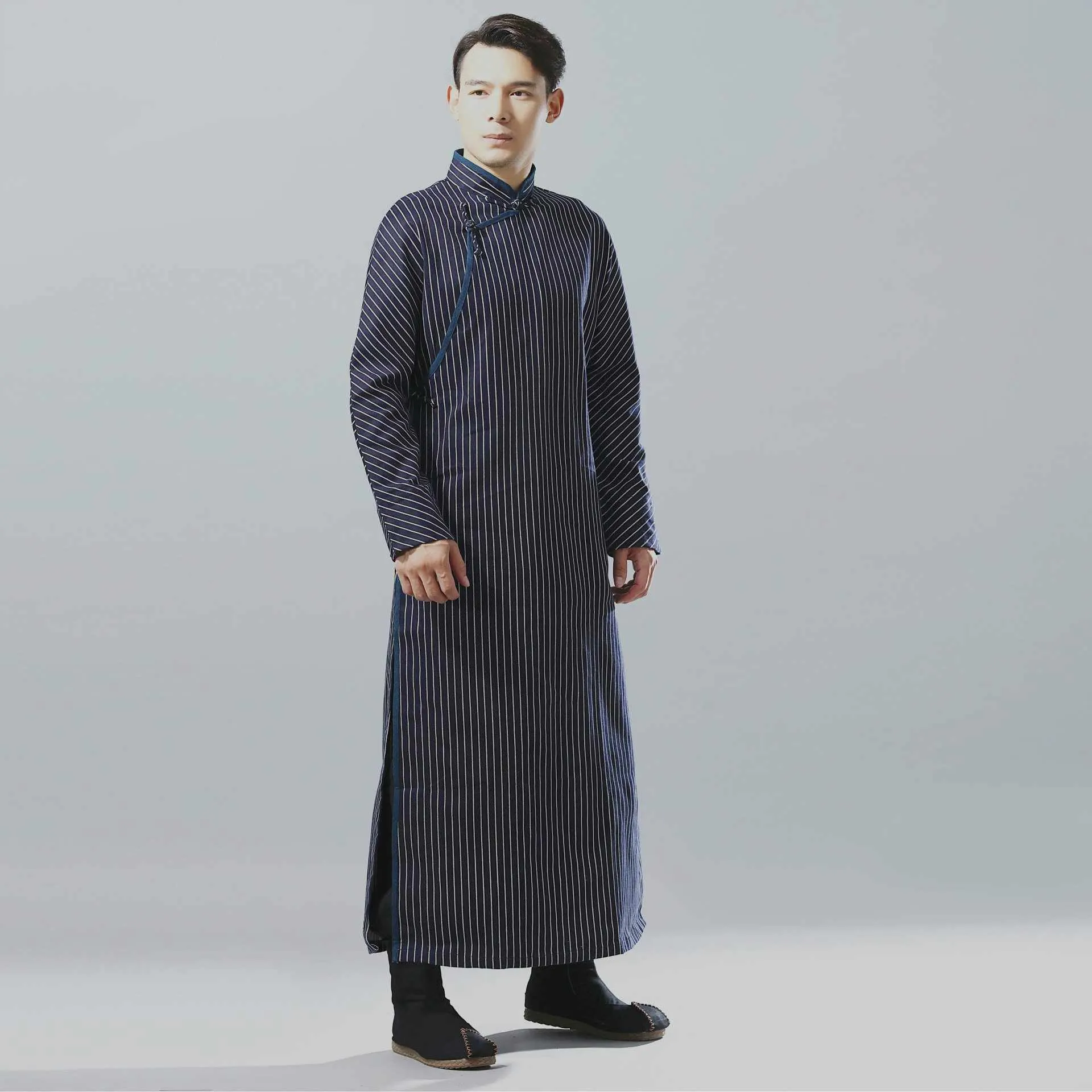 Neo Classic Pinstripe Cheongsam Navy Robe