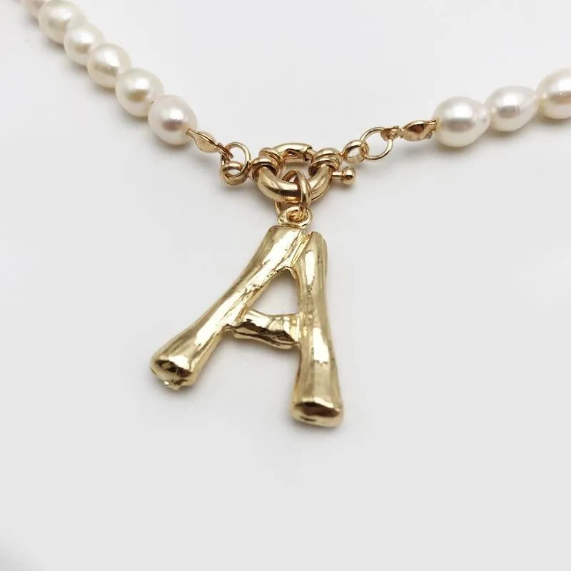 New Real Pearl Modern Necklace Choker Alphabet A-Z Initial Elegant Pearl Luxury Necklace Stainless Steel Amazing Buckle Gold Color Pendant Freshwater Pearl Jewelry