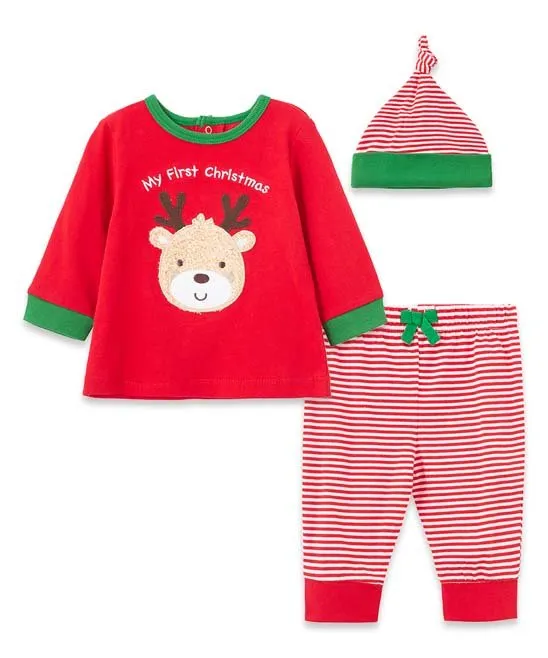 New Red & Green 'First Christmas' Reindeer 3 piece Long-Sleeve Top Set - Infant Little Me, Sz 12 Months!