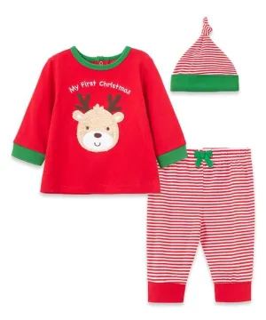 New Red & Green 'First Christmas' Reindeer 3 piece Long-Sleeve Top Set - Infant Little Me, Sz 12 Months!