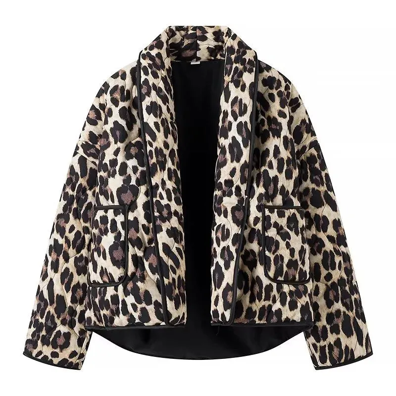 New Women's Fashion Loose Leopard Pattern Jacket Oversized Warm Jackets Outerwear