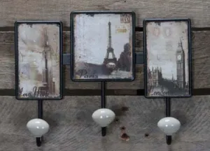 New York, Paris and London Triple Metal Wall Hook Rack