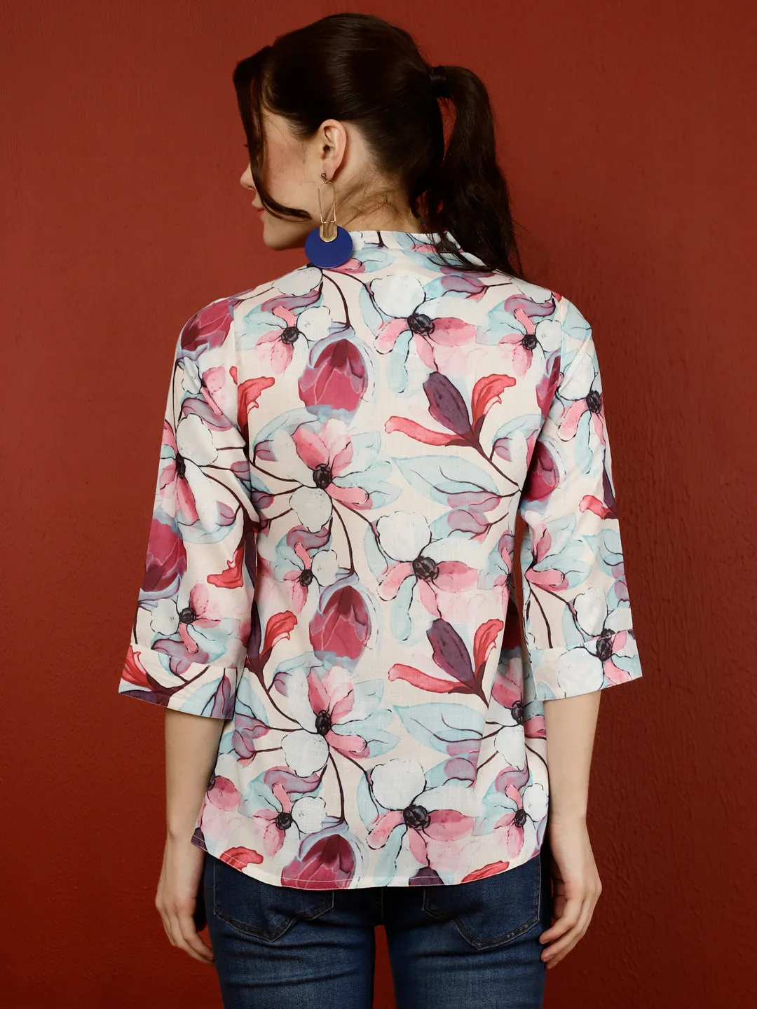 Off-White & Magenta Floral Pleated Top
