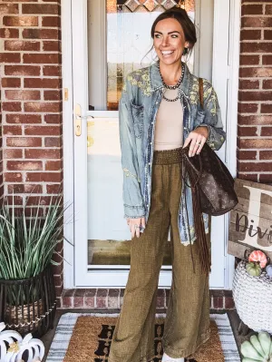 Olive Washed Cotton Gauze Smock Waist Pant