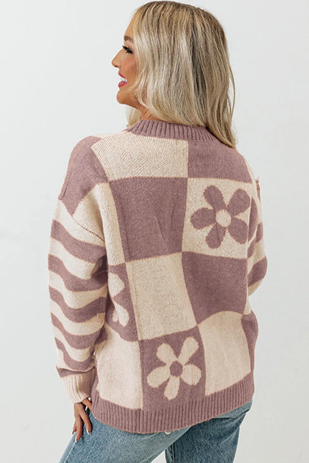 Orchid Petal Checkered Floral Print Striped Sleeve Sweater