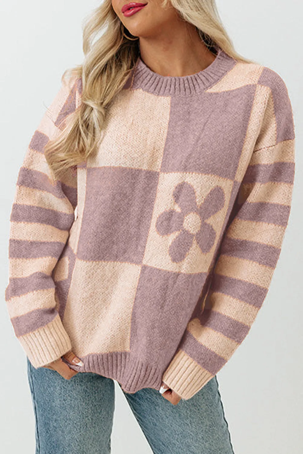 Orchid Petal Checkered Floral Print Striped Sleeve Sweater
