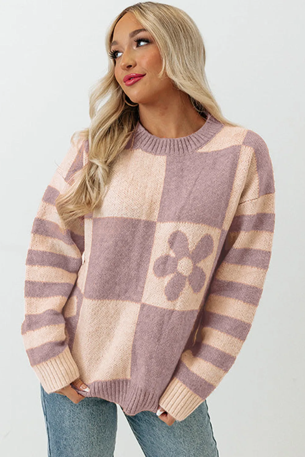 Orchid Petal Checkered Floral Print Striped Sleeve Sweater