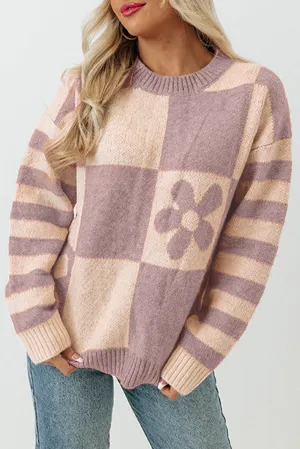 Orchid Petal Checkered Floral Print Striped Sleeve Sweater