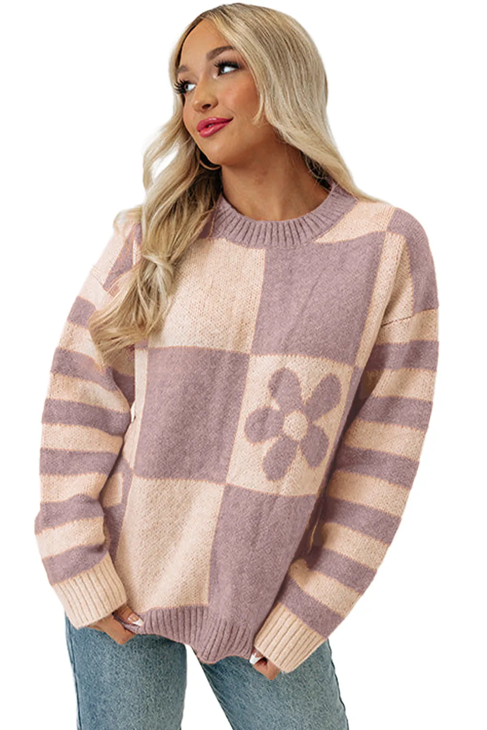 Orchid Petal Checkered Floral Print Striped Sleeve Sweater