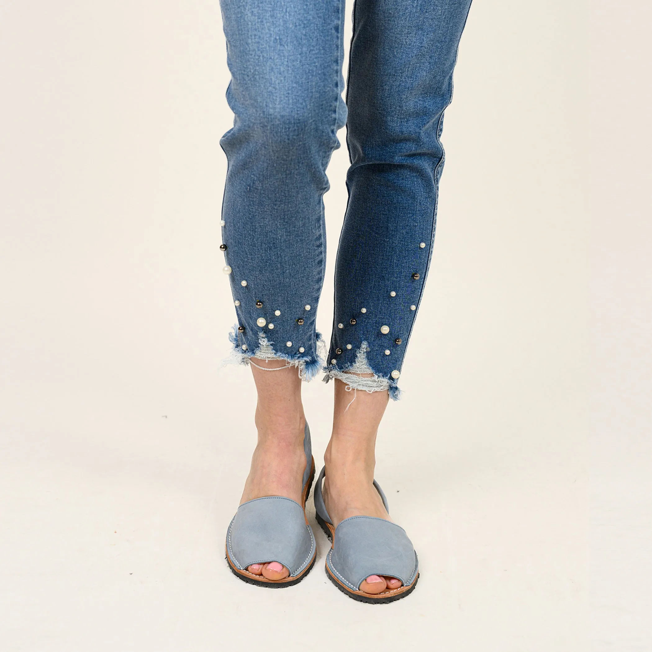 Pearl Beaded Distressed Hem Capris