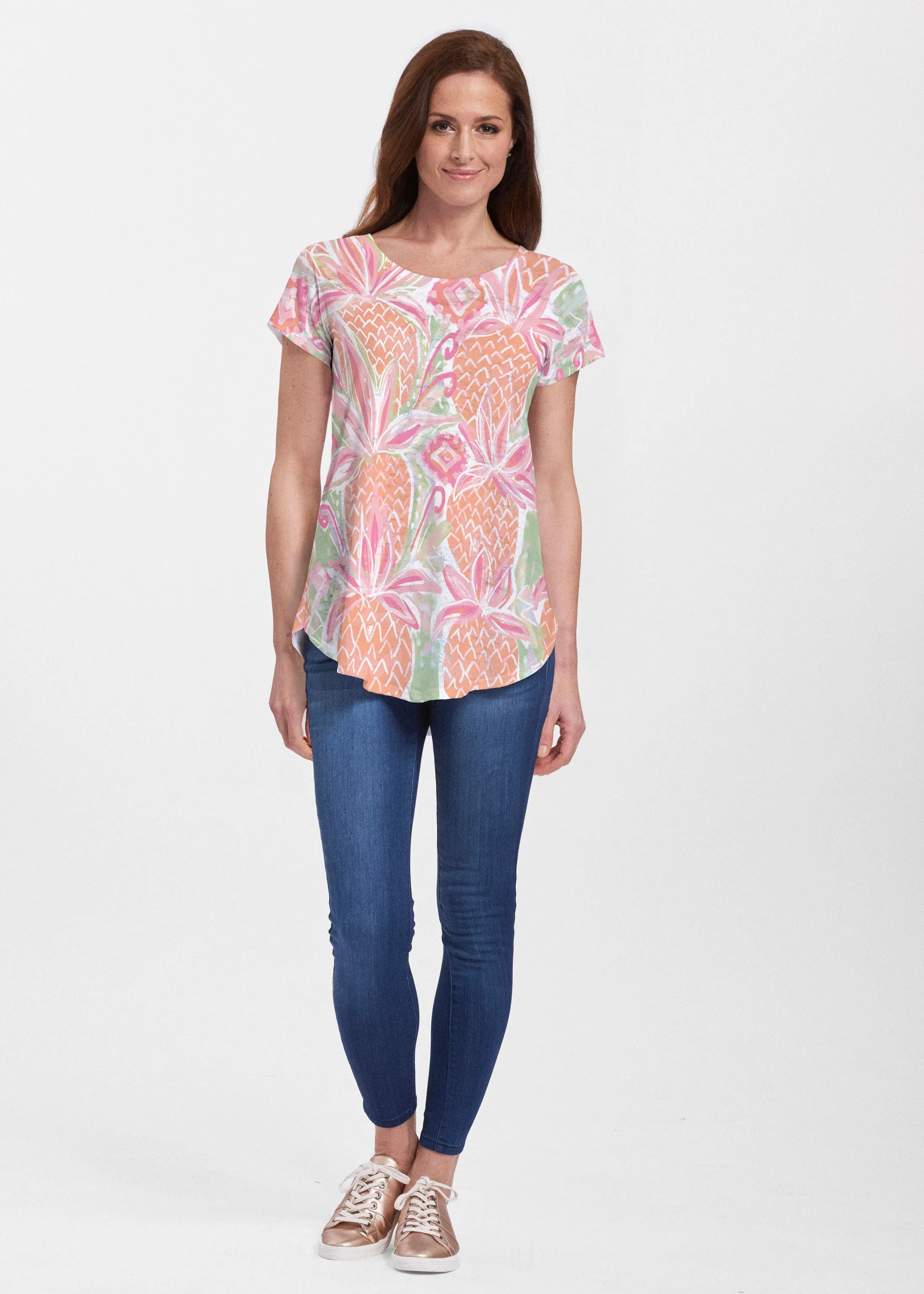 Pineapple Coral (17115) ~ Signature Short Sleeve Scoop Neck Flowy Tunic