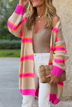 Pink & Cream Stripe Printed Ribbed Long Knitted Cardigan