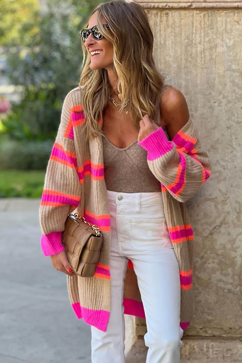 Pink & Cream Stripe Printed Ribbed Long Knitted Cardigan