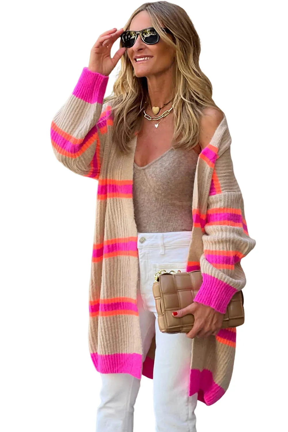 Pink & Cream Stripe Printed Ribbed Long Knitted Cardigan