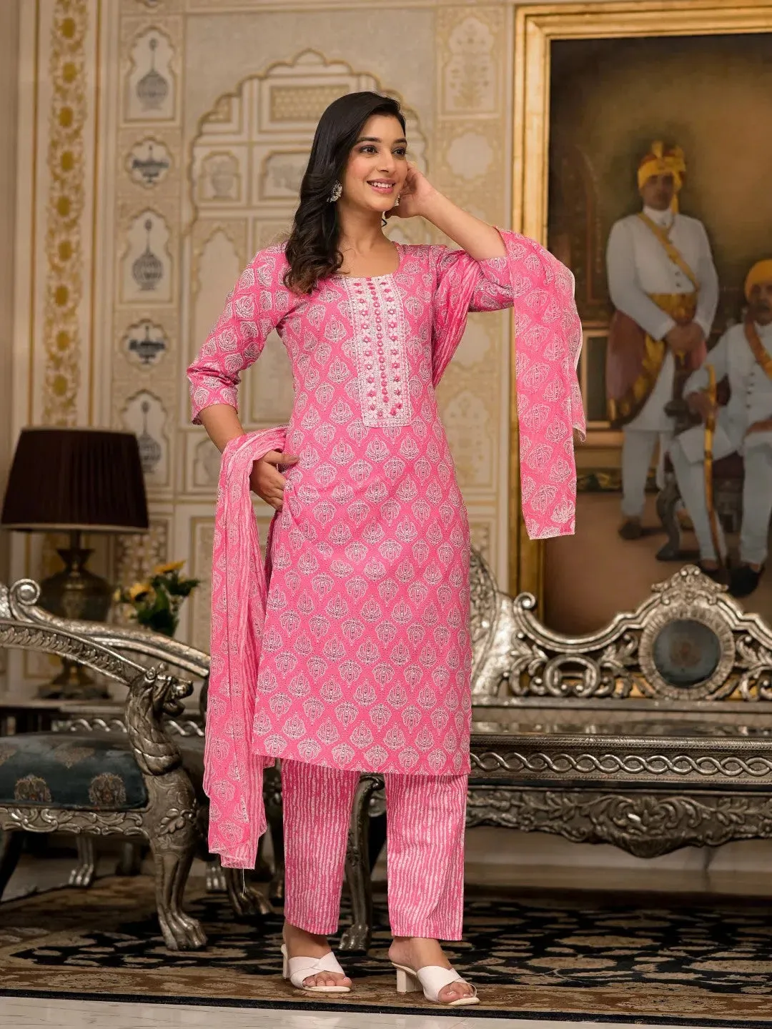 Pink Ethnic Motif Printed Cotton Kurta, Pant And Dupatta Set  With Thread And Mirror Work-J4847PINK_OF