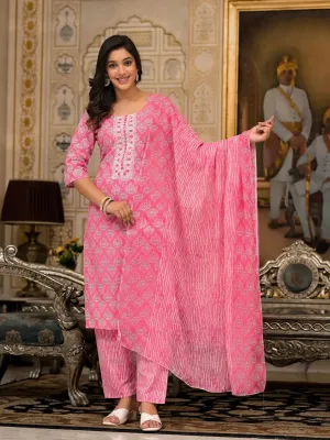 Pink Ethnic Motif Printed Cotton Kurta, Pant And Dupatta Set  With Thread And Mirror Work-J4847PINK_OF