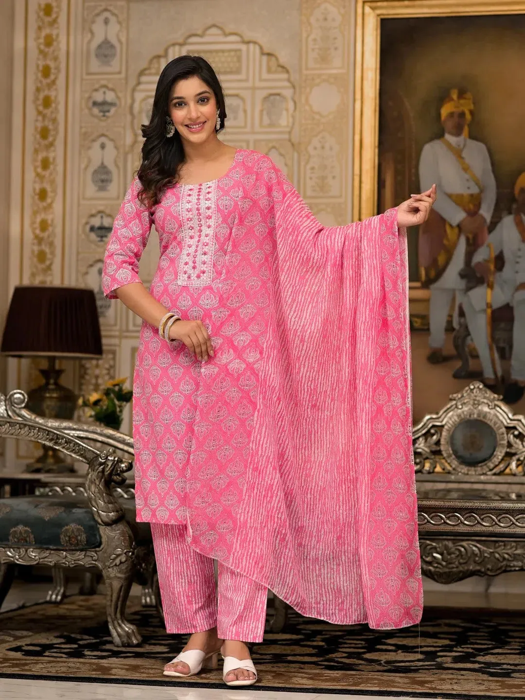 Pink Ethnic Motif Printed Cotton Kurta, Pant And Dupatta Set  With Thread And Mirror Work-J4847PINK_OF