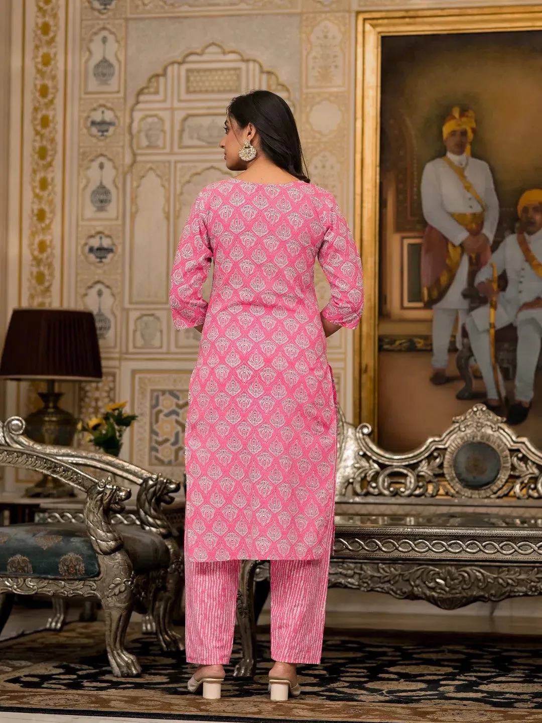 Pink Ethnic Motif Printed Cotton Kurta, Pant And Dupatta Set  With Thread And Mirror Work-J4847PINK_OF