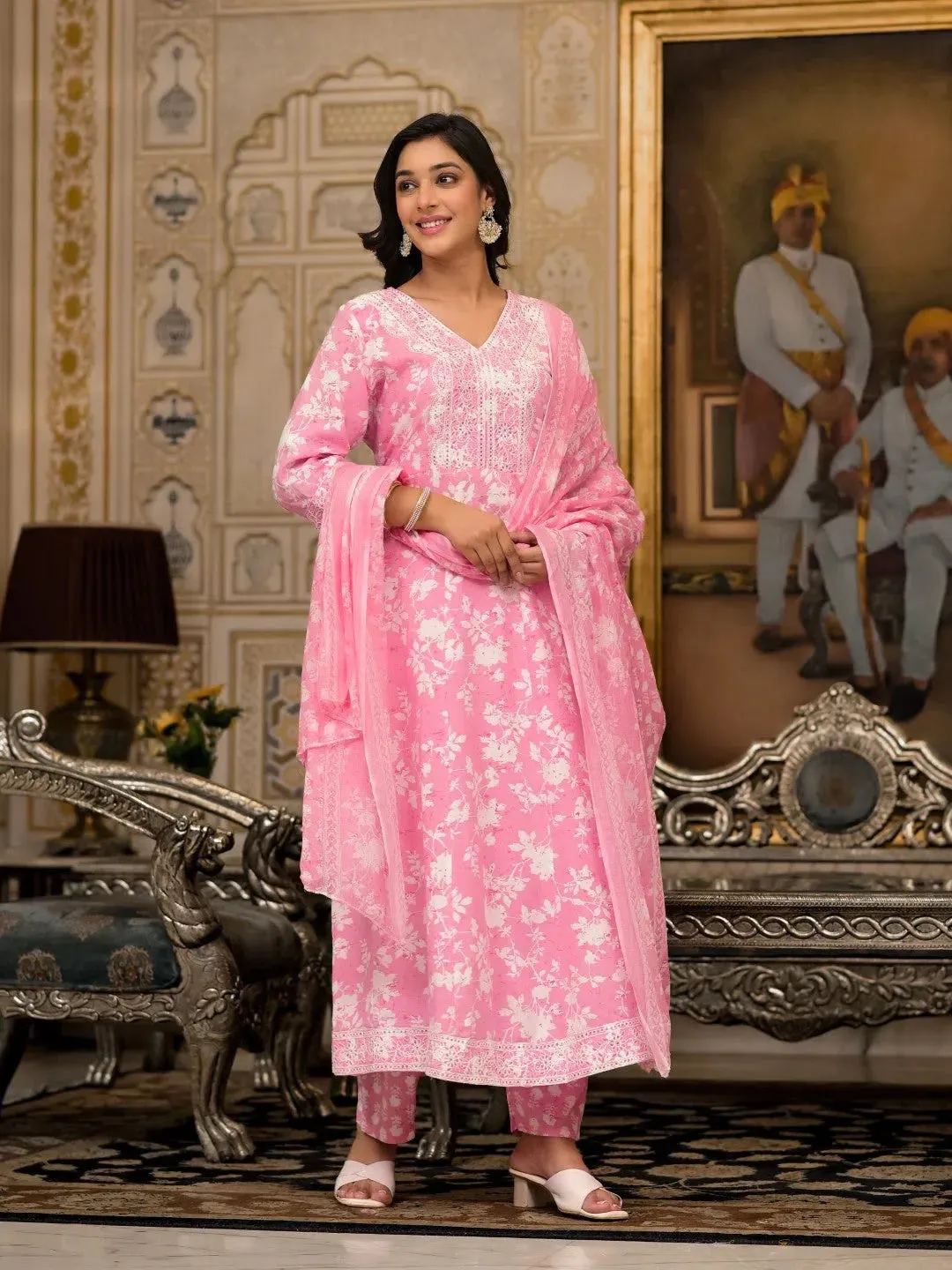 Pink Floral Printed Rayon Kurta, Pant And Dupatta Set With Thread & Sequins Work-J4837PINK_OF