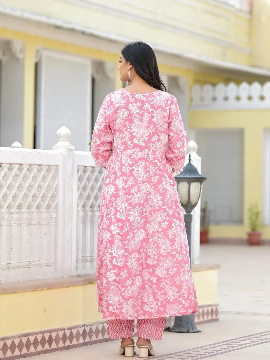 Pink Floral Printed Rayon Kurta, Pant And Dupatta Set With Thread & Sequins Work-J4838PINK_OF
