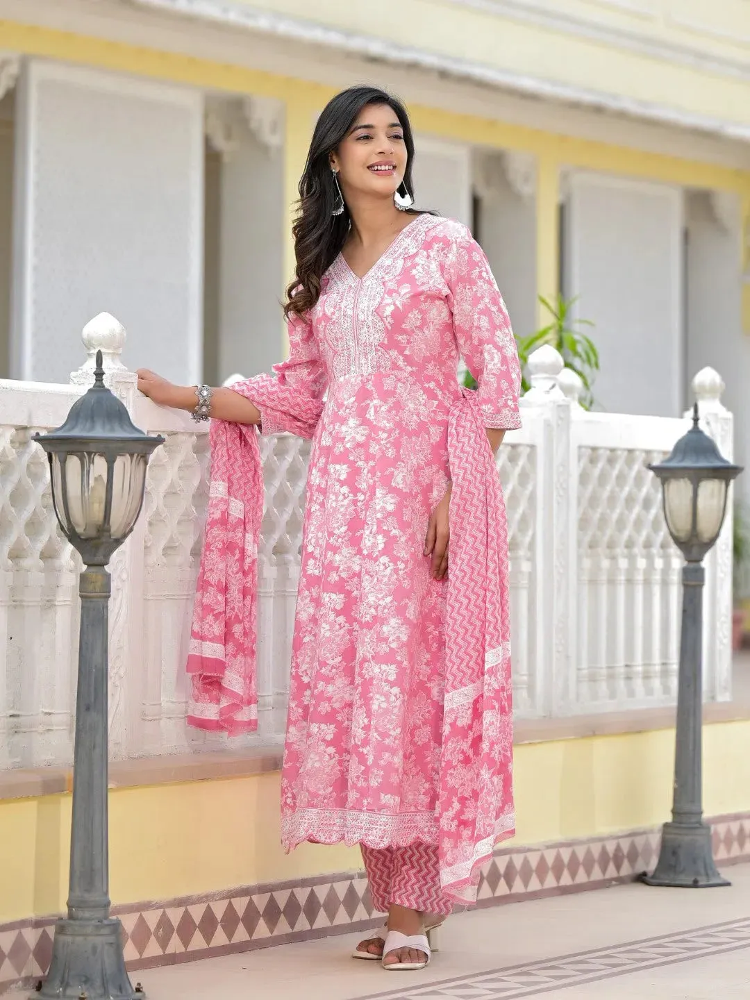 Pink Floral Printed Rayon Kurta, Pant And Dupatta Set With Thread & Sequins Work-J4838PINK_OF