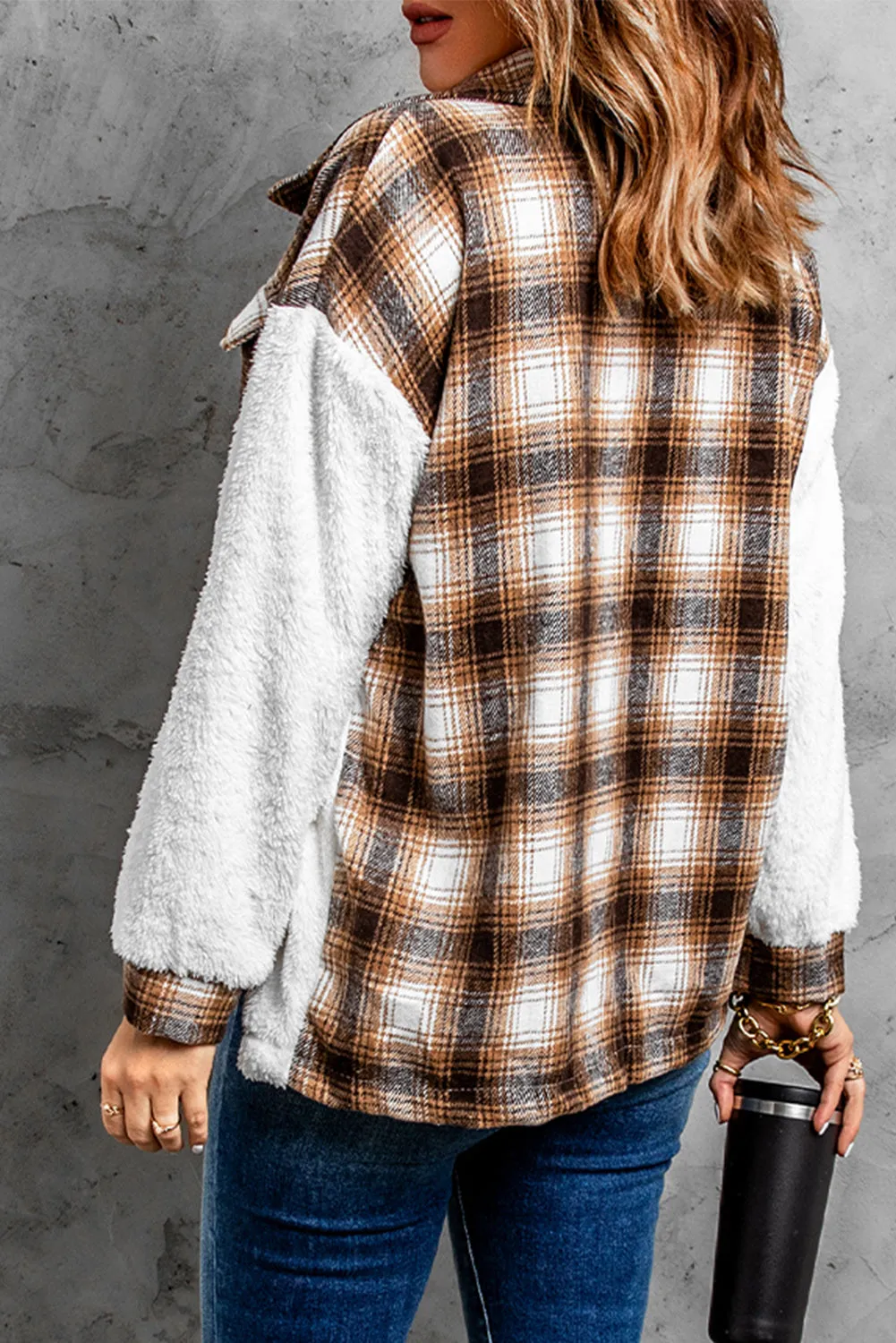 Plaid Buttoned Pocket Sherpa Jacket