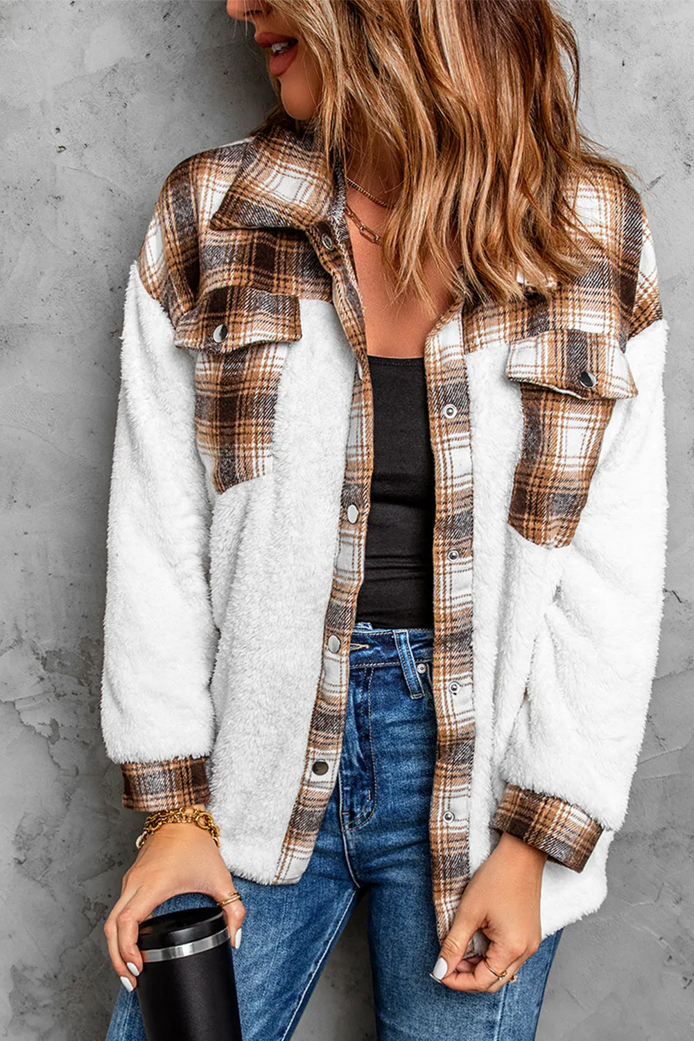 Plaid Buttoned Pocket Sherpa Jacket